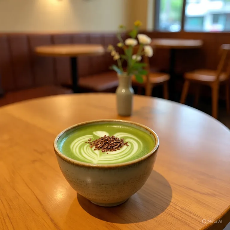 Taza de té matcha con linaza molida al lado, representando una combinación saludable para la salud cardiovascular y el bienestar general