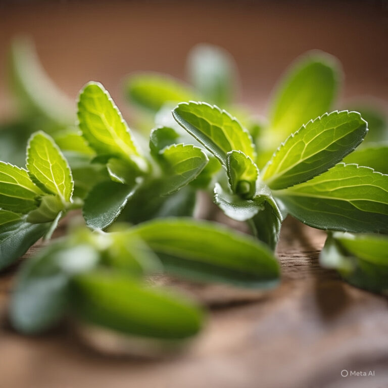 Hojas frescas de la planta Stevia rebaudiana, utilizada como edulcorante natural sin calorías.